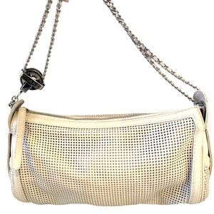 Chanel Perforated Caviar Leather Barrel Bag Cream Beige Chain Shoulder CC Logo